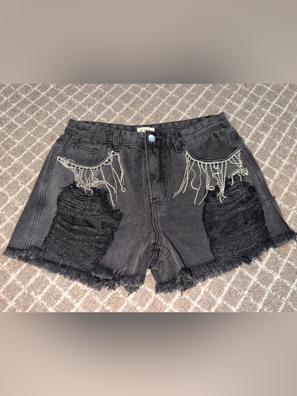 POL Black Distressed Denim Shorts with Crystal Fringe
